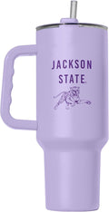 Logo Brands NCAA Jackson State Tigers Lavender 40 oz Tumbler with Handle - Stylish Everyday Use Powder Coated-Stainless Steel with Straw- Keeps Cold For Hours