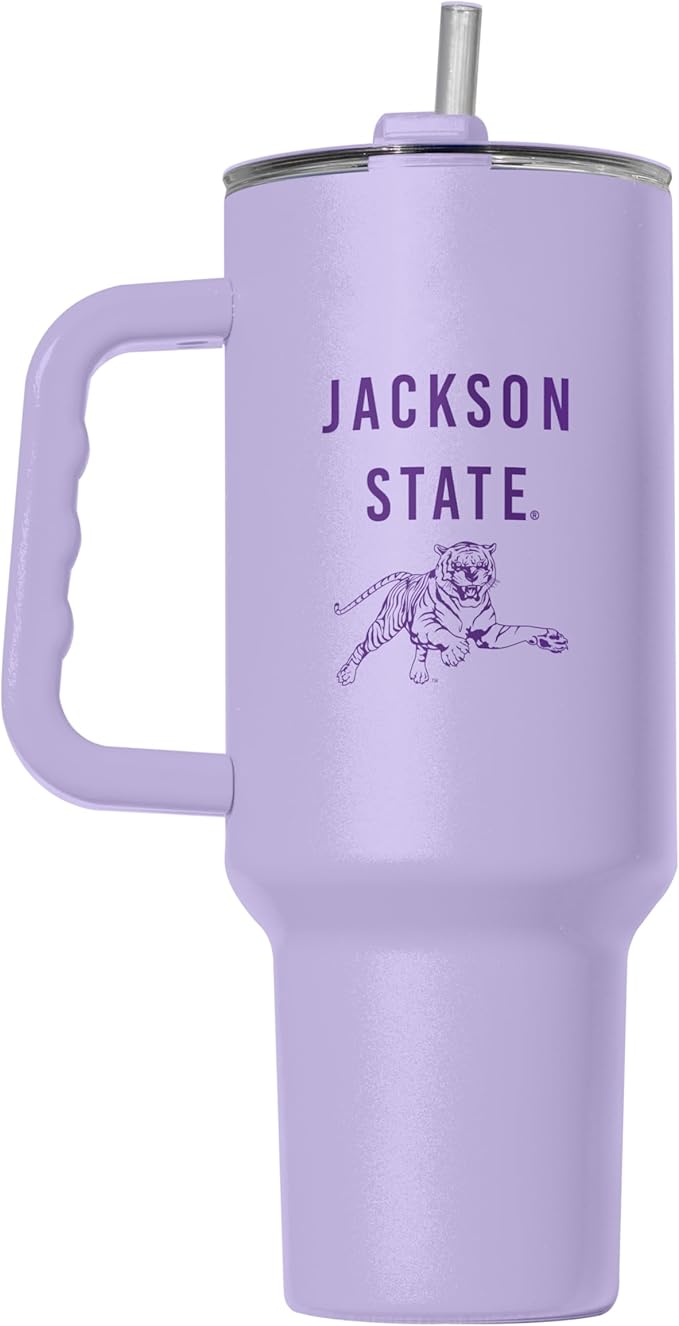 Logo Brands NCAA Jackson State Tigers Lavender 40 oz Tumbler with Handle - Stylish Everyday Use Powder Coated-Stainless Steel with Straw- Keeps Cold For Hours