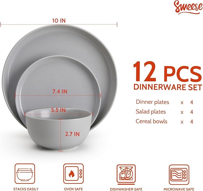 Sweese Dinnerware Sets Service for 4, 12 pcs Matte Speckled Glaze Plates and Bowls Sets, Handmade Ceramic Dish Set, Highly Chip and Crack Resistant Modern Plate Set, Grey