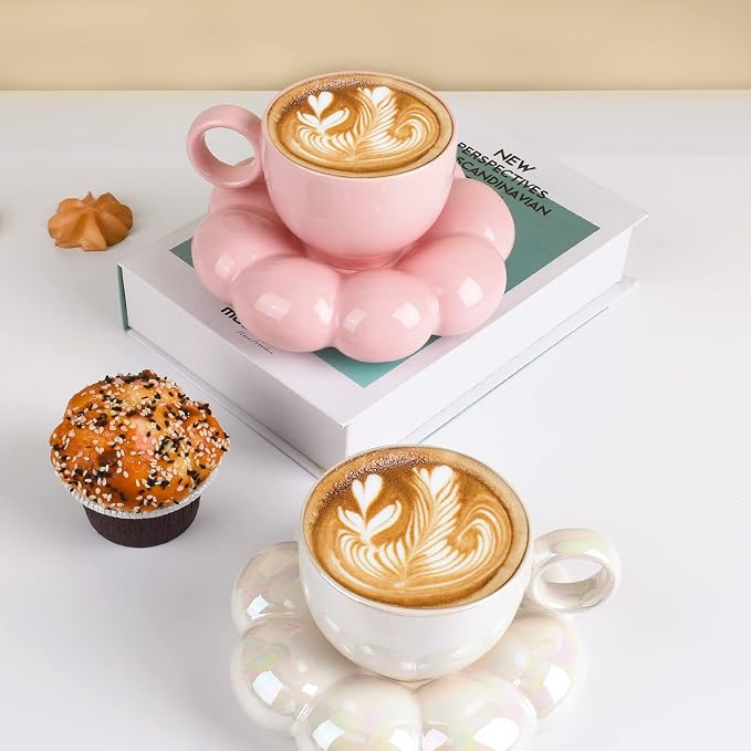 Koythin Ceramic Coffee Mug with Saucer Set, Creative Cute Cup with Sunflower Coaster for Office and Home, 6.5 oz/200 ml for Tea Latte Milk, Suitable for Mom on Mother's Day (Peach Pink)