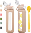 chunmo 24 oz Glass Water Bottles with 2 Lids-Handle Spout Lid & Straw Lid, Motivational Water Bottle with Time Marker and Silicone Sleeve,Leakproof-Amber-1 Pack