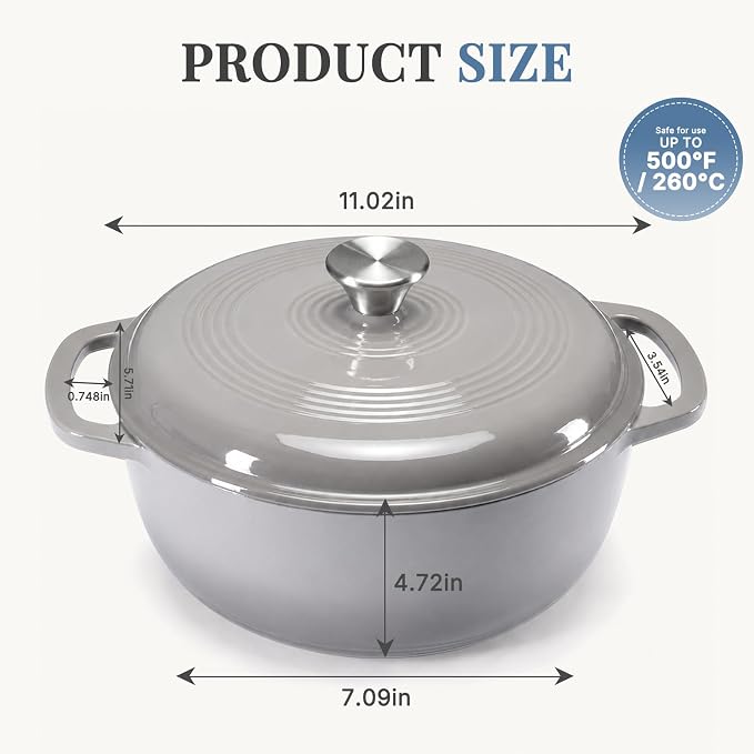DUMOS Cast Iron Dutch Oven, 6 Quart Pot with Lid, Enameled Heavy Duty Cookware, Oven Safe to 500°F, Perfect for Bread Baking, Braising, Stews and Roasting, Moisture Sealing Lid with Dual Handles, Grey