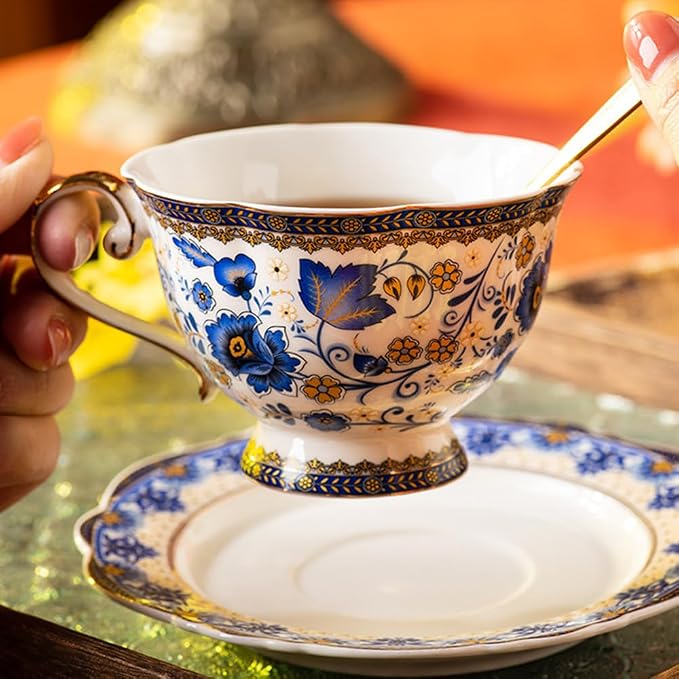 ONEUSTAR Tea Cup and Saucer Set for 1 Bone China Floral Coffee Cup with Gold Trim 6.8 oz Vintage English Teacup for Women Mother's Day Gift, Blue