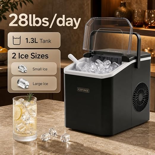 Countertop Ice Maker, Portable Ice Maker Machine, 6-Minute Fast Bullet Ice Maker with Self-Cleaning, Compact Ice Machine with Handle, Basket & Scoop for Kitchen, Home, Office, RV Camping,Black