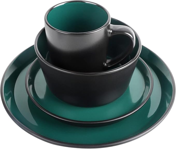 Plates and Bowls Sets, 16 Pieces Dinnerware Sets, Dishes Set for 4, Christmas, Kitchen Set is Home Essentials, Dark Green & Black
