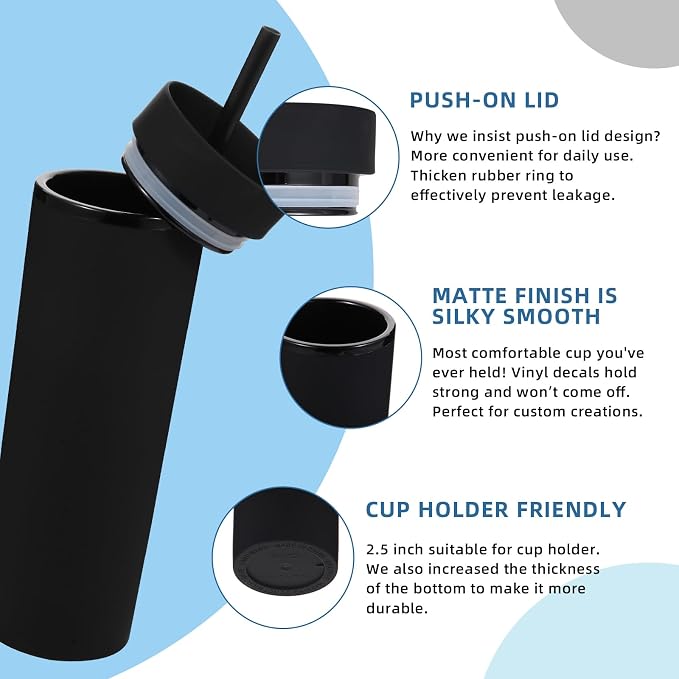 Volhoply 16oz Plastic Skinny Tumbler with Lid and Straw Bulk 8 Pack,Insulated Double Wall BPA Free Matte Acrylic Tumblers,Iced Coffee Travel Mug Reusable Party Cup,Customizable Diy Gifts(Black,8 Set)