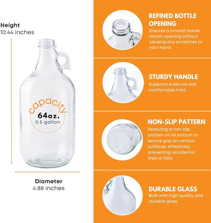 Fastrack 6-Pack Half-Gallon Glass Jug Set (64 oz) w/18 Polyseal Caps | Multipurpose Half Gallon Jug, & Detergent Dispenser for Laundry, Glass Jar for Liquids, Water & Juice