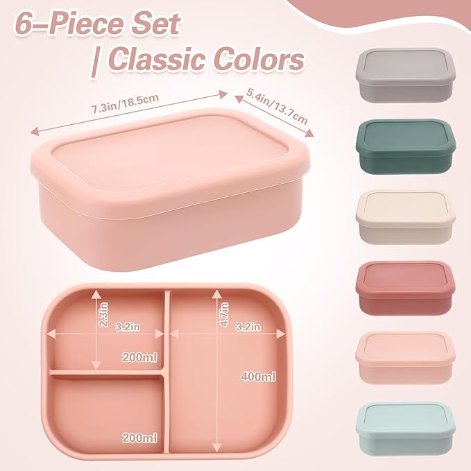 Honeydak 6 Pcs Silicone Bento Box for Adults, 3 Compartment Lunchable Food Container for Women Men, Leak Proof Microwave Dishwasher Freezer Safe (Bright Colors)