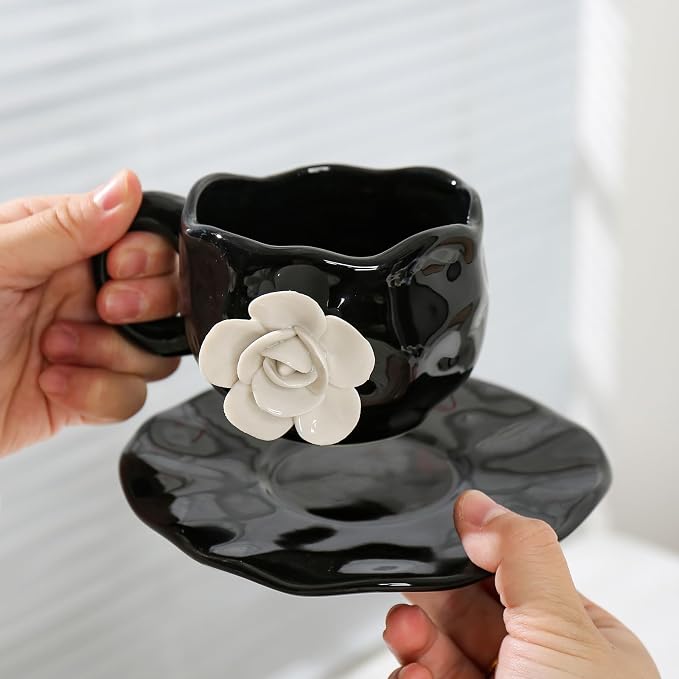 Cute Ceramic Coffee Cups, Unique Fancy Tea Cups with Saucer, 11OZ for Cappuccino Latte Milk