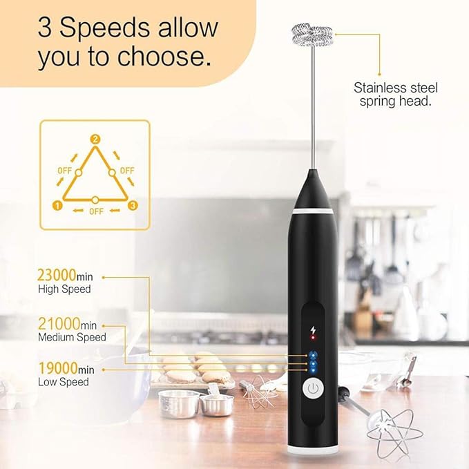 Electric Automatic Egg Beater Mixer Milk Frother 3 Speed Adjustable Blender with USB Charging Black for Home Office