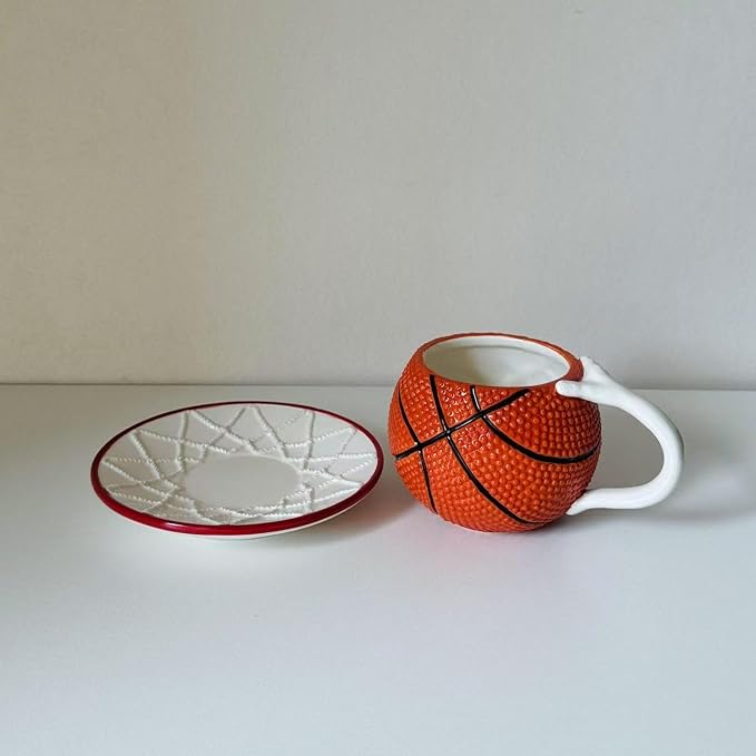 Ceramic Large Coffee Mug and Saucer set, 3D Handmade and Hand-painted Basketball and Basketball Net Design Tea Mug, 300ml(10oz)
