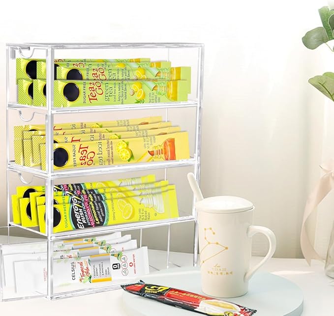 Drink Packet Organizer, Acrylic Drink Mix Holder with 4 Clear Drawers Water Flavor Packets Container for Kitchen Pantry Home Organization (1 Pack)
