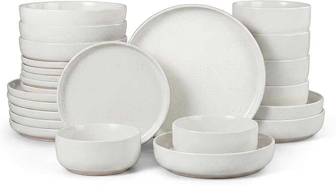 HaWare 24-Piece Plates and Bowls Set for 6, Stoneware Dinnerware Sets with Pasta Bowl, Dishes Set for Home Restaurant, Speckled Milky White