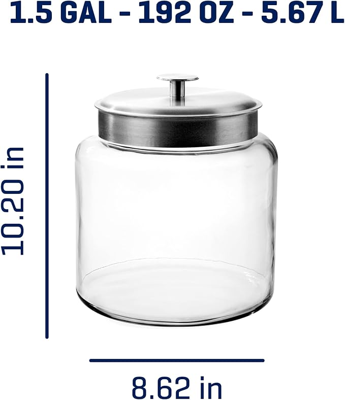 Anchor Hocking 1.5 Gallon Montana Glass Jar with Lid (2 piece, brushed metal, dishwasher safe)