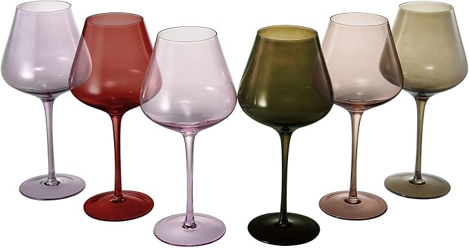 Khen Colored Crystal Wine Glass Set of 6, Large 20 OZ Glasses, Fall Leaves Terracotta Bright Italian Style Tall Stemmed Drinkware Red & White Wine, Water Dinner Glasses, Color Glassware Stemmed