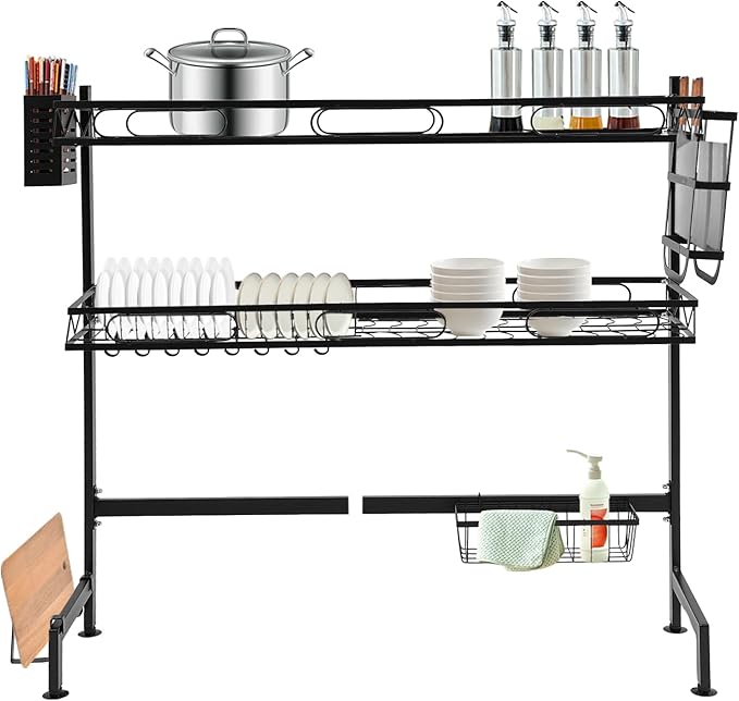 2-Tier Over Sink Dish Drying Rack, Multifunctional Kitchen Rack Extra Large Extendable Dish Rack Carbon Steel Over Sink Dish Rack with 8 Hooks for Kitchen Counter (32in)