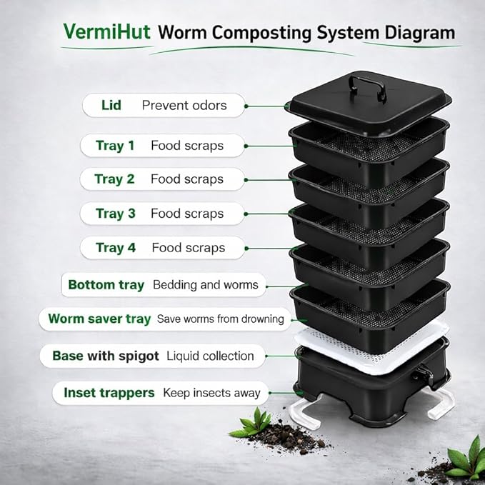 The Original VermiHut® Plus 5-Tray Worm Composter – Indoor & Outdoor Vermicomposting Bin | Sustainable Design for Food Waste Recycling- Black