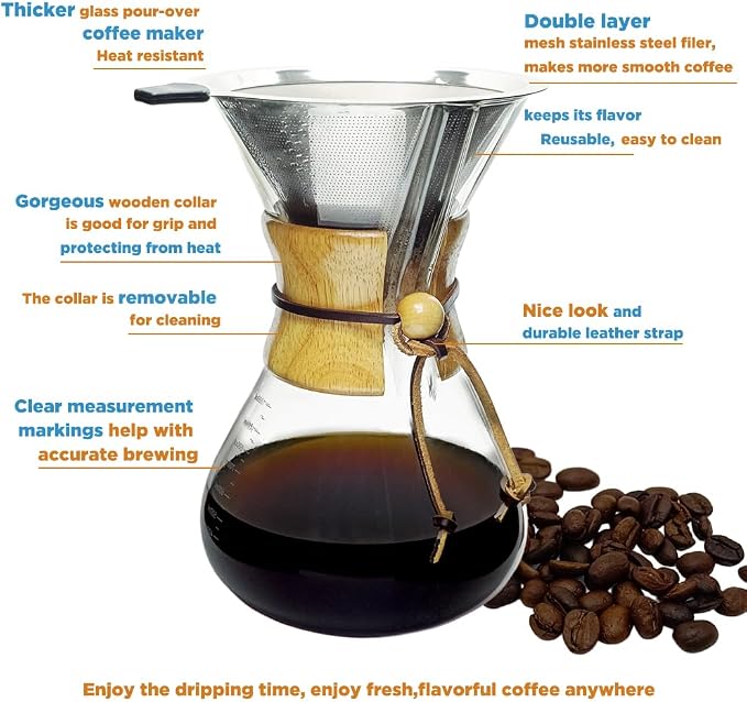 subjectthree Glass Coffee Dripper 6 Cup Pour Over Coffee Maker Set with Reusable Filter Easy Clean for Camping,Office,Cafes,Home Use(20 Ounce)