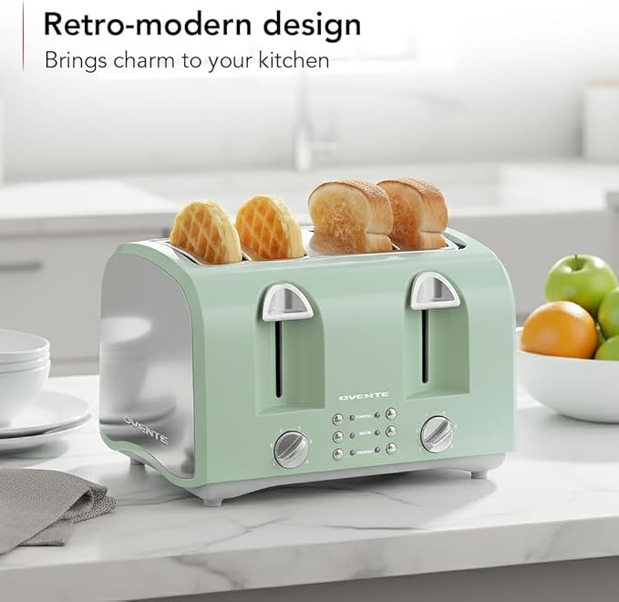 OVENTE Electric 4-Slice Toaster Machine with 6-Shade Selector Setting, Cancel Button, Defrost Function, Crumb Tray, 1400W Power and Wide Slots for Bagels, Waffles and Puff Pastry, Light Blue TS4410LBL