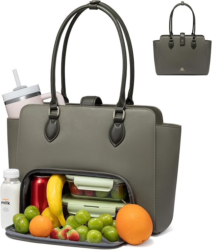 LOVEVOOK Lunch Tote Bag for Women, 2-in-1 Work Tote Bag with Lunch Compartment, Insulated Lunch Bag & 15.6 Inch Laptop Bag for Women, Ideal for Teacher, Nurse and Camping Use, Dark-Grey Green