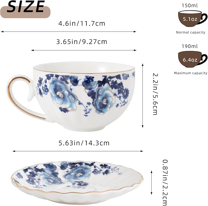 Agyiuns ceramic tea cup and saucer set of 4,floral teacup sets for Coffee, Latte, Cafe Mocha and Tea (Dark blue flowers)