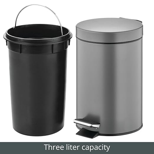 mDesign Pedal Bin — Metal Waste Bin with Pedal, Lid and Plastic Bucket Insert — for Bathroom, Kitchen, and Office — 3 Litre Household Rubbish Bin with Ergonomic Design — Graphite Grey