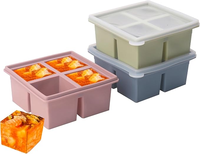 1/2 Cup Silicone Freezer Tray With Lid,Silicone Freezer Molds 3-Pack For meal prep & freezing of various sauces and other dishes, makes 12 perfect 1/2 cup portions cubes (Multicolor 3 Pack)