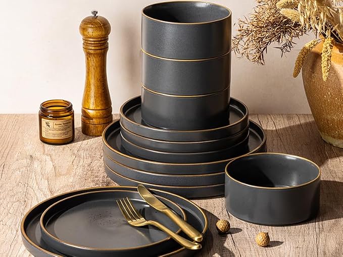 LERATIO Ceramic Dinnerware Sets for 4,Matte Stoneware Plates and Bowls Set, Chip and Crack Resistant | Oven & Dishwasher & Microwave Safe Dishes Set, Service for 4-Ashen Gold Rim