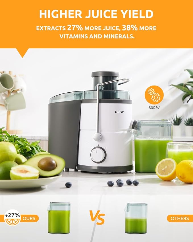 GDOR 800W Juicer Machine, 3” Wide Feed Chute, Dual-Speed Centrifugal Juicer for Fruits & Vegetables, Anti-Drip Function, BPA-Free, Easy to Clean with Brush, White