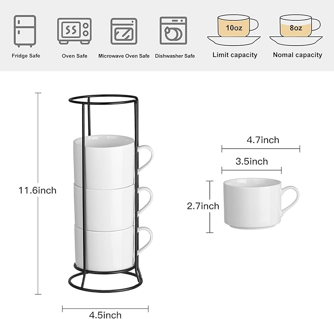 10oz Stackable Coffee Mugs Set of 4 with Stand, White Ceramic Coffee Cups Set for Cappuccino, Latte, Tea, Milk, Housewarming Gift