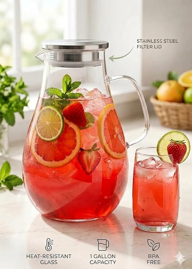Infusion Pro 1 Gallon Glass Pitcher with Lid, Heat Resistant for Hot/Cold Use, Extra-Wide 4" Mouth, Great Iced Tea Pitcher | Delight Collection, 1 Gallon, 4 L