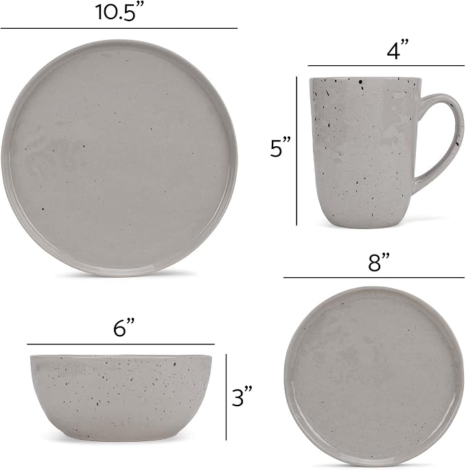 Elanze Designs Shiny Speckled Western Country Style Ceramic Plates Bowls Mugs Dinnerware 16 Piece Set - Service for 4, Grey