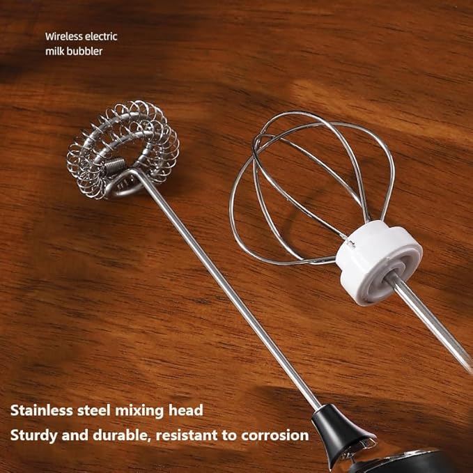 Rechargeable Milk Frother Mini Handheld Wireless Cream Whipper Stainless Steel Double-headed Replaceable 3 Speeds Type-C Charging Port for Cakes and Coffee Latte Patterns (White)