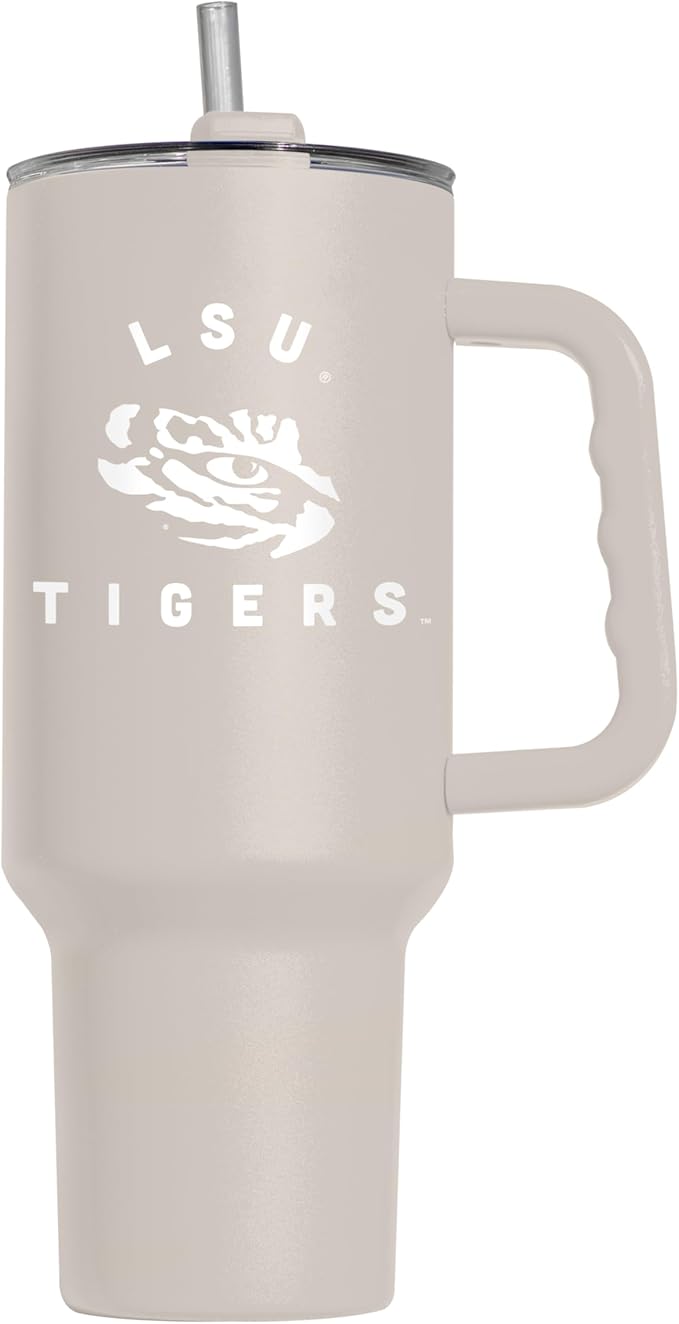 Logo Brands NCAA LSU Tigers Sand 40 oz Tumbler with Handle - Stylish Everyday Use Powder Coated-Stainless Steel with Straw- Keeps Cold For Hours
