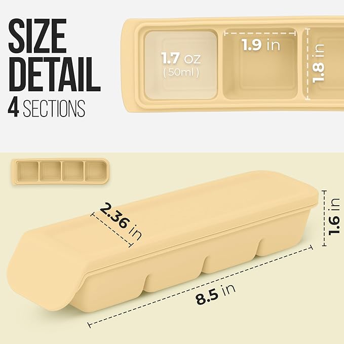 1.7 oz/4 Sections Silicone Ice Cube Freezer Tray with Lid, 100% Food-Grade Platinum Silicone,Leak Resistance & Dishwasher Safe for Baby Food Prep,Breast Milk,Purees - Korean Made, Beige