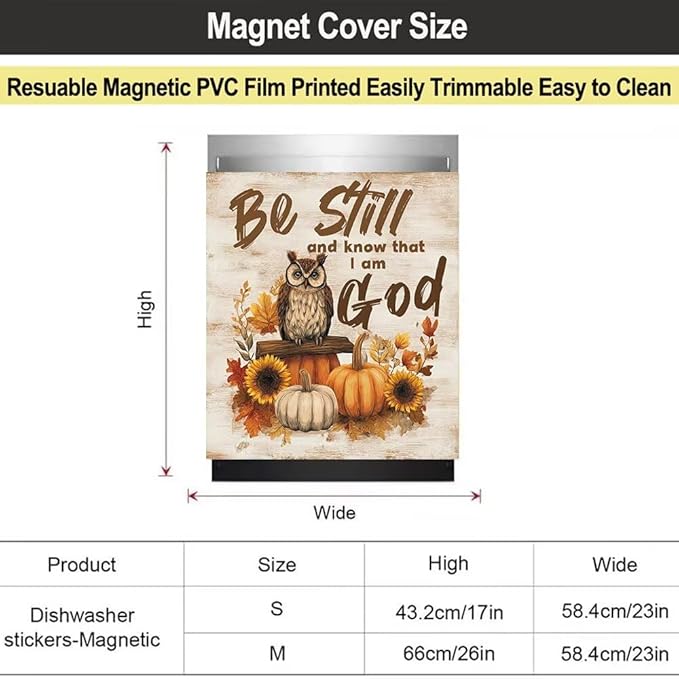 Pumpkin Magnetic Dishwasher Cover,Owl Dishwasher Front Door Magnetic Cover,Sunflower Refrigerator Panel Decal,'Be Still and Know That I Am God' Text Magnet Sticker,Reusable,23"x26"