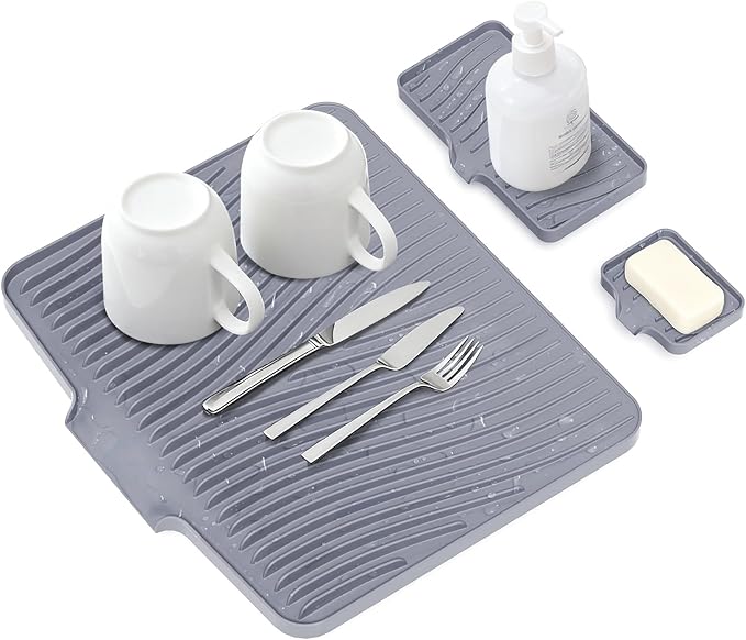 Silicone Dish Drying Mat for Kitchen Counter, Dish Drying Pad, Non-Slip Drain Pad with Built-in Drain, Heat Resistant Stone Drying Mat