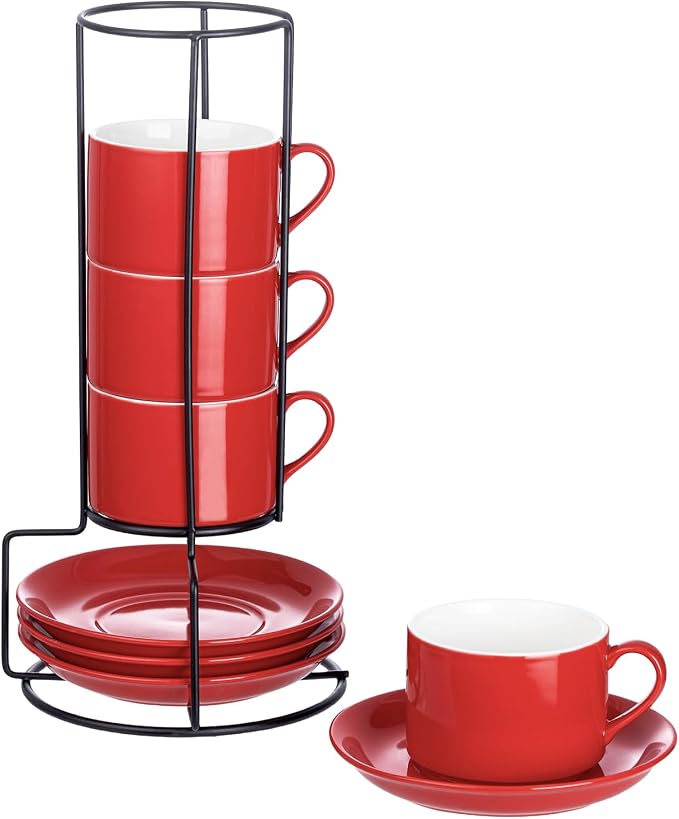 Cappuccino Cups Set of 4, 8oz Stackable Coffee Cups Set with Saucers and Metal Stand, Coffee Mugs and Saucers for Cappuccino, Latte, Americano and Tea - Red