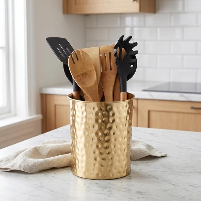 Monarch Abode Kitchen Utensil Holder – Hand Hammered Metal Brushed Gold Utensil Holder, Decorative Utensil Crock for Kitchen Counter, Cooking Tool and Spatula Holder for Countertop, Caddy Organizer