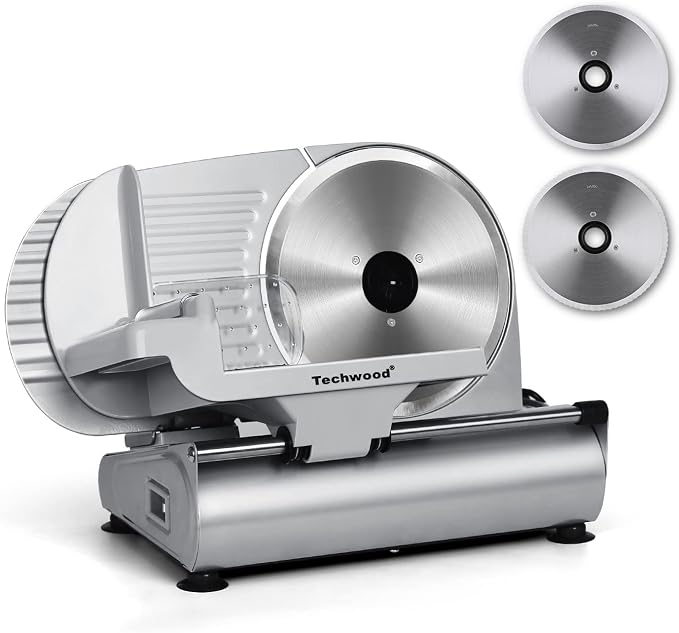 Meat Slicer, Techwood Electric Deil Food Slicer with Removable 9” Stainless Steel Blade, Deli Cheese Fruit Vegetable Bread Cutter with Adjustable Knob for Thickness, Food Carriage & Non-Slip Feet