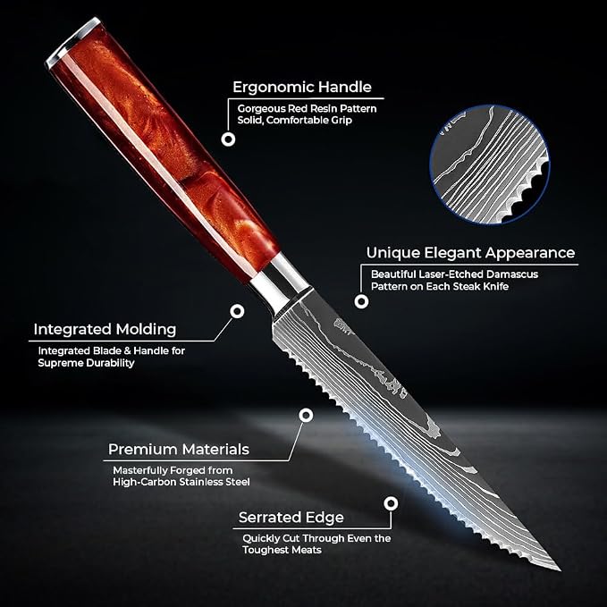SENKEN Professional Steak Knife Set with Engraved Damascus Pattern, Razor Sharp Blade, High Carbon Stainless Steel with Beautiful Gift Box, Blue & Red Resin Handles