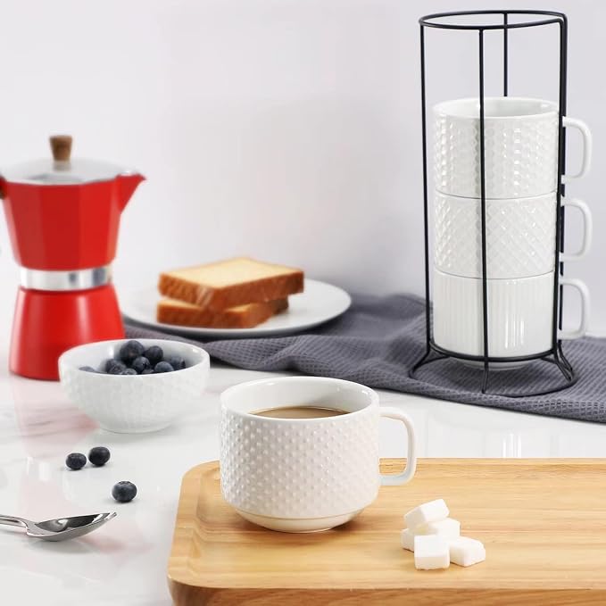 Buyajuju Porcelain Stackable Coffee Mugs Set of 4 with Metal Stand, 12 Ounce Stackable Different Embossment Coffee Cup holder for Coffee, Tea, Cocoa, Drinks, White