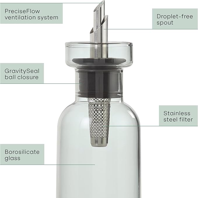 AdHoc AromaPour Oil & Vinegar Dispenser - Reusable, No-Drip Glass Container with Stainless Steel Filter - Dishwasher Safe - 10 oz