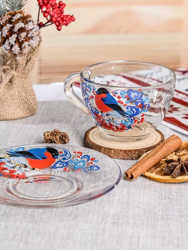 Bullfinches Glass Tea Cup and Saucer Set of 2 Glass Teacups 6.8 fl oz (200 ml) Cup with Matching Saucers for Two, Christmas Dinnerware, Tea Coffee Set for 2, Coffee Cups, Dishwasher and Microwave safe