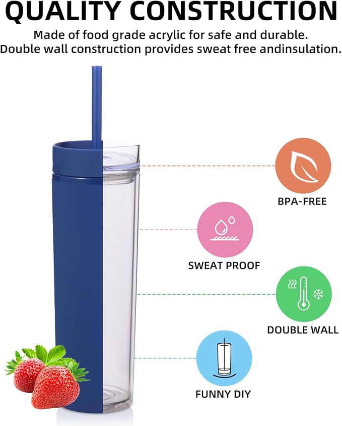 Volhoply 16oz Plastic Skinny Tumbler with Lid and Straw Bulk 10 Pack,Insulated Double Wall BPA Free Matte Acrylic Tumblers,Iced Coffee Travel Mug Reusable Party Cup,Customizable Diy Gifts(Navy,10 Set)