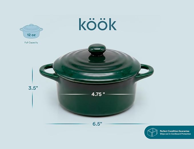 Kook Ceramic Mini Cocotte, Casserole Dish with Lid, 500F, 12 oz, Set of 4, Forest Green