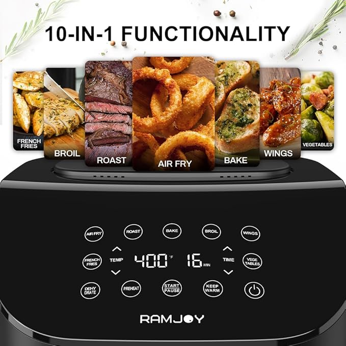 RAMJOY Air Fryer 6.8 Quarts, 10-in-1 Functions, Air Fry, Roast, Bake, Broil, Dehydrate, Large & Compact Air Fryers, Nonstick & Dishwasher-Safe Airfryer Basket, Stainless Steel Air Fryer, Easy to Use