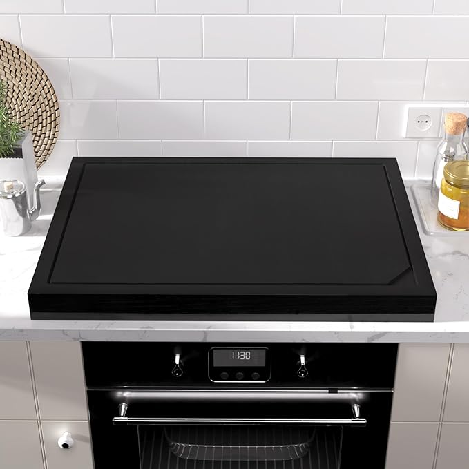 Wooden Stove Top Covers for Gas Burner and Electric Stove, Glass Cooktop Protector, Wood Noodle Board Stovetop Cover With Handles, Black