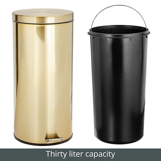mDesign Tall 30 Liter, Large Round Metal Lidded Step Trash Can, Thin Compact Garbage Bin with Removable Liner Bucket for Bathroom, Kitchen, Craft Room, Office, Garage - Soft Brass