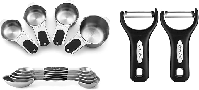 Spring Chef Stainless Steel Magnetic Measuring Cups & Spoons, Set of 9 & Swivel Vegetable Y Peeler with Sharp Blades, Set of 2-4 Product Bundle - Black